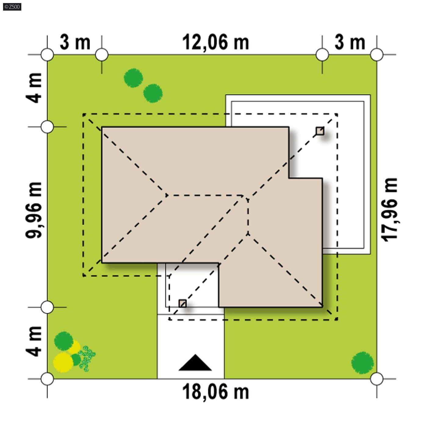 Projekt domu  - Malý jednopodlažný dom do L, tri izby, obývačka s výstupom na krytú terasu.