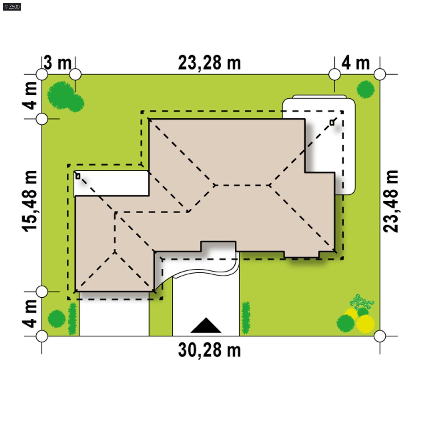 Projekt domu  - Návrh jednopodlažného domu s priestrannou obývacou izbou a veľkou garážou.