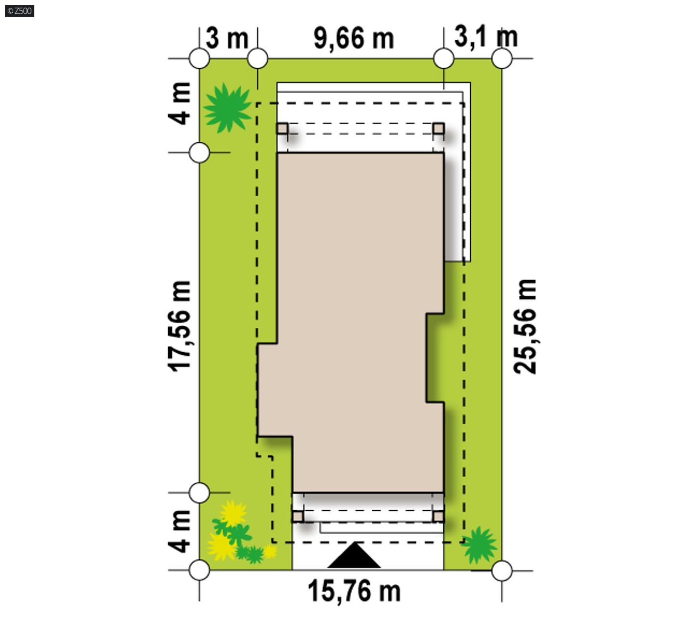 Projekt domu  - Jednopodlažný dom na úzkom pozemku šírky 15,56 m,
​