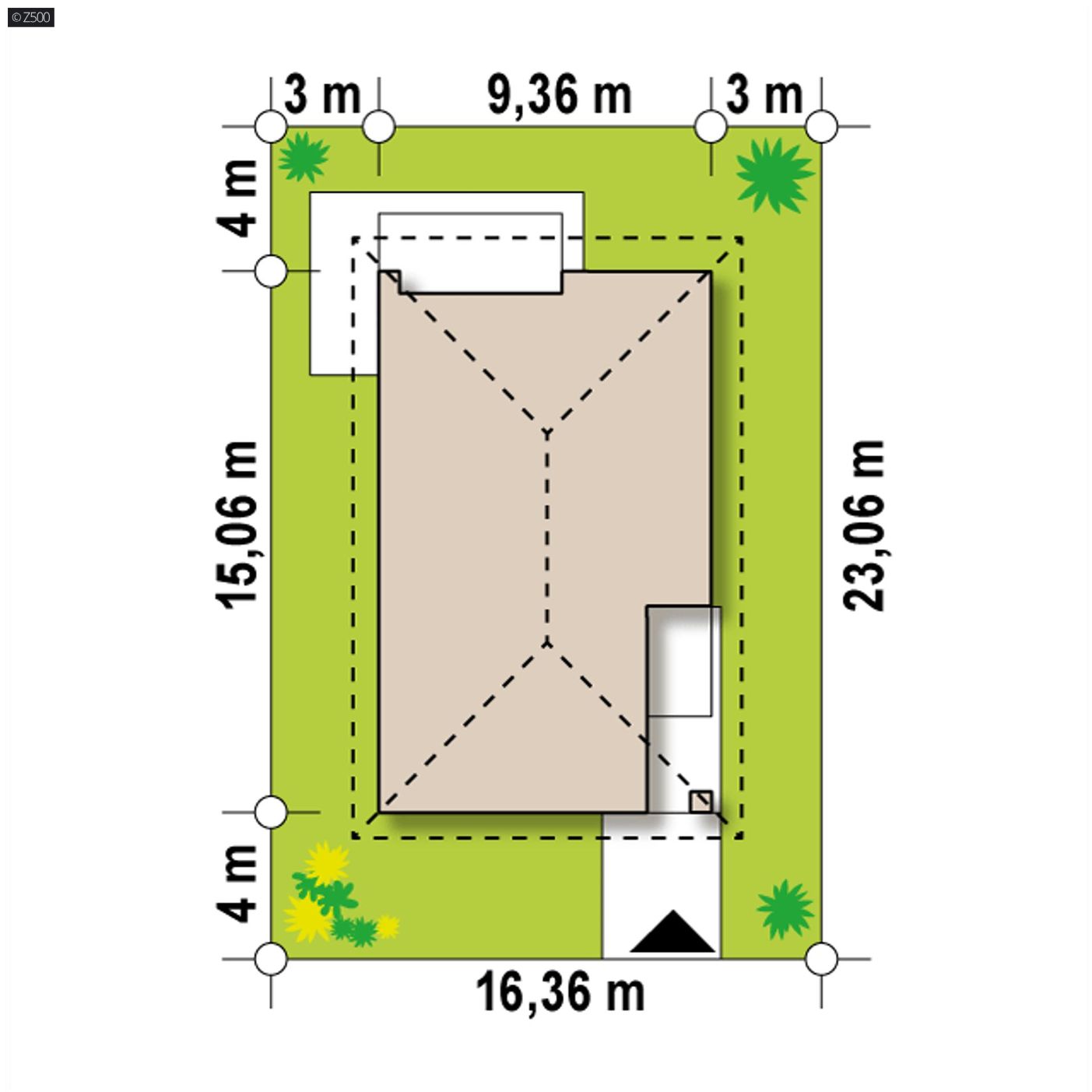 Projekt domu  - Dom na úzkom pozemku do 100 m2 s obálkovou strechou, dve spálne, šatňa.