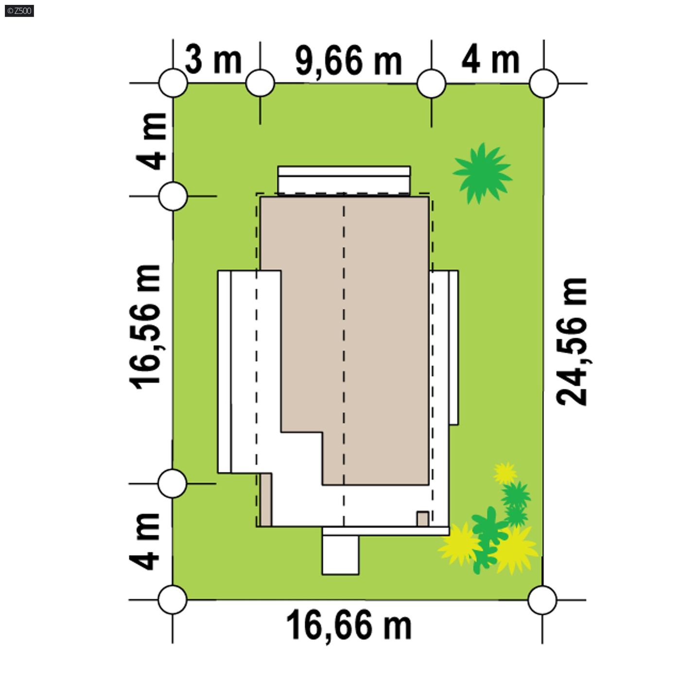 Projekt domu  - Moderný jednopodlažný dom s dvoma spálňami a prístreškom pre auto.