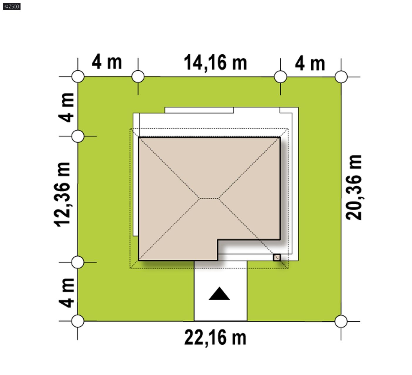 Projekt domu  - Jednopodlažný dom s garážou pre 1 auto, obálkovou strechou a dvoma spálňami.
